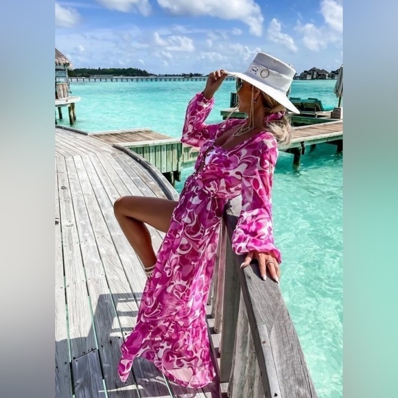 Bohemian Pretty in Pink Elegant Swimsuit Coverup Kimono Dress - Picture 3 of 3